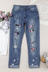 Sky Blue Cherry Blossom Pattern Splicing Mid Waist Distressed Jeans